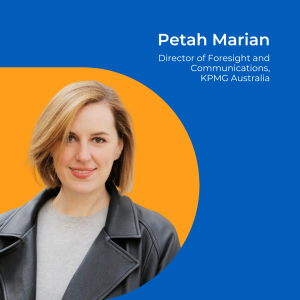 Image of a woman with short blonde hair, wearing a black leather jacket on an orange background.