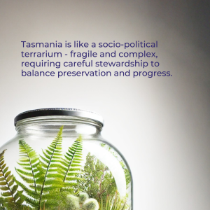 Image of the top half of a Terrarium jar filled with green plants against a grey background.