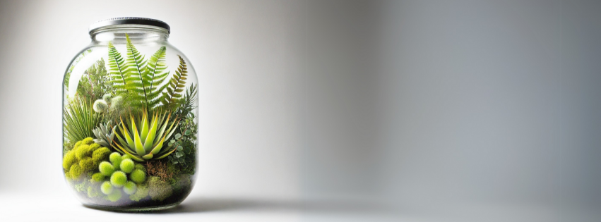 Landscape image of a full Terrarium in a jar full of green plants against a grey background.