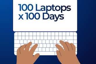 Hero promotional graphic tile for 100 Laptops x 100 Days. a stylised graphic of a laptop screen and keyboard in white on a blue to navy gradient background. Mid brown cartoon hands are typing on the keyboard. The screen on the keyboard has text "100 Laptops x 100 Days" in blue. Below this graphic to the left bottom corner is white text "Helping bridge Tasmania's digital divide"
