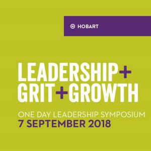 Leadership + Grit + Growth Symposium hero tile. A lime green square takes up the main area of the image. At the top of the square on the right is a purple rectangle with white text " HOBART". In front is two sections of text in white "Leadership + Grit + Growth" ' in all caps. Below is text in white "A One Day Leadership Symposium" in smaller all caps, and below that is purple text "7 September 2018"