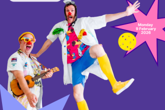 Pickle for a Giggle promotional tile. Two people dressed as clown doctors are posed on a purple solid colour background. at the top of the image is a white rectangle with 'pickle for a giggle' in pink and purple. next to the white rectangle is white text "a fun teams pickleball event' On the right towards the middle of the image is a yellow pickle ball, sitting in front of a pink start shape. In the centre of the star shape is white text "Monday 9 February 2026" At the left lower corner of the tile is a partial light purple star shape and pink star shape. In the centre of the light purple star shape is white text "Hobart Netball Centre". On the right lower corner is a white rectangle with 'Clown Doctors Australia" logo text in purple and pink. Next to this is white text "Raising funds & awareness for" and "Supported by" with the Tasmanian Leaders logo