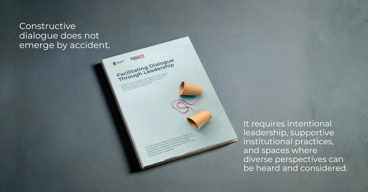 a copy of the Facilitating Dialogue report lies on a dark surface. The quote ' constructive dialogue dos not emerge by accident. It requires intentional leadership, supportive institutional practices, and spaces where diverse perspectives can be heard and considered"